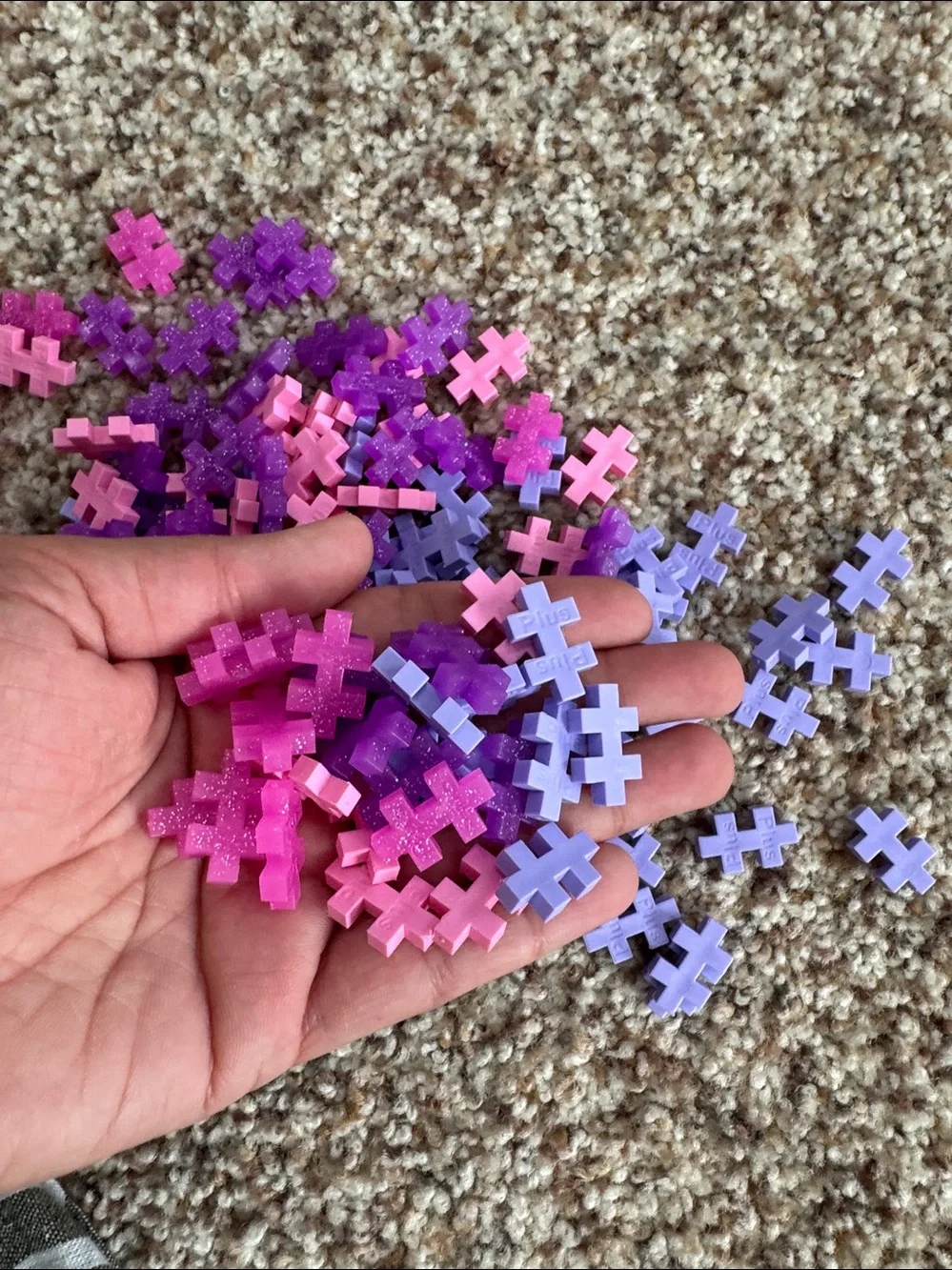 Plus Plus Glitter Build Tube with Pink, Purple, White blocks